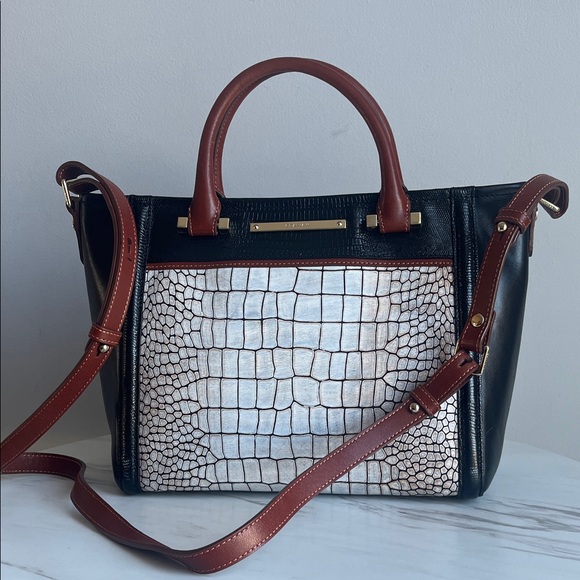 Brahmin Handbags - Brahmin Black & Brown Satchel with White Croc-Embossed Panel